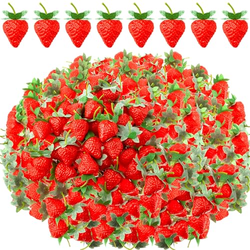 Lyrow 150 fresas artificiales de imitación realistas, decoración de fresas de plástico de simulación de fresas falsas, frutas realistas para fotografía, accesorios de armario, fiesta (2.2 pulgadas)