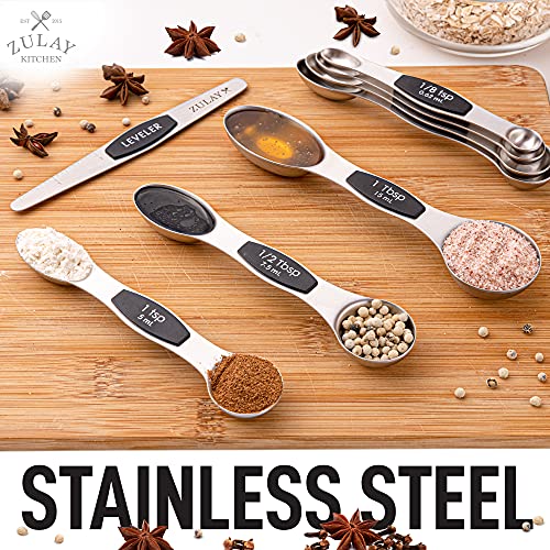 Zulay Kitchen Stackable Magnetic Spoons Set Of 8 - Dual Sided Magnetic Measuring Spoons Set Fits In Spice Jars - Stainless Steel Measuring Spoons Magnetic For Dry And Liquid Ingredients (Black) #TOP1