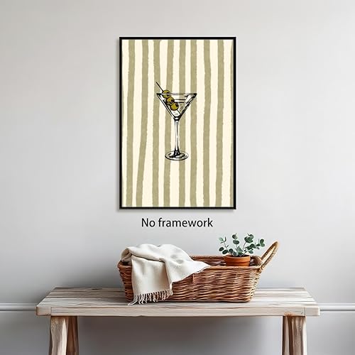 Miniatura 5 de Pósteres de moda con estampado de vidrio de Martini con rayas verdes olivas, arte de pared de cocina, póster retro de cóctel, póster estético