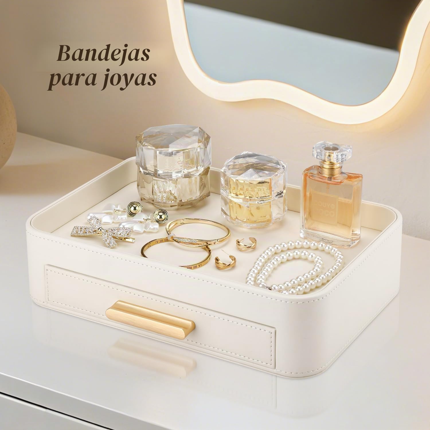 GORESE Bandeja para Joyas, Bandeja de Valet con Cajón Cuero Bandeja de Mesa de Noche Organizador Vaciabolsillos Escritorio Bandejas Decorativas para Llaves,Maquillaje,Joyería,Moneda(Blanco Marfil)