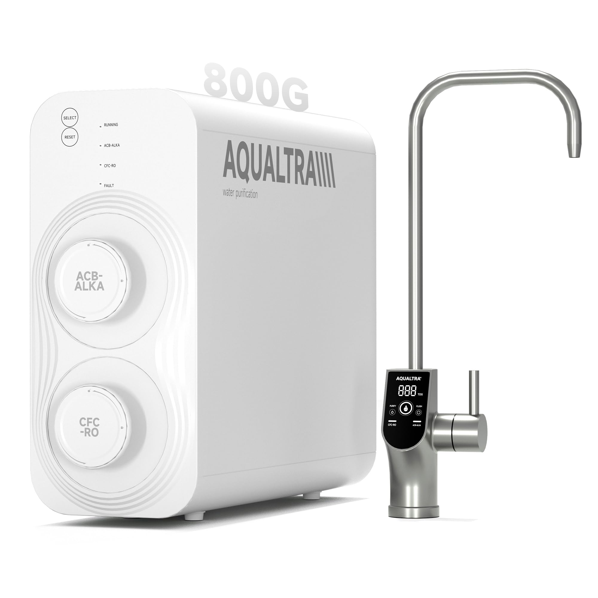 AQUALTRA USF-AR-800 Sistema de ósmosis inversa debajo del fregadero, RO alcalino 10 etapas sin depósito, NSF/ANSI/CAN 372, 800 GPD, relación 3:1, grifo LED inteligente