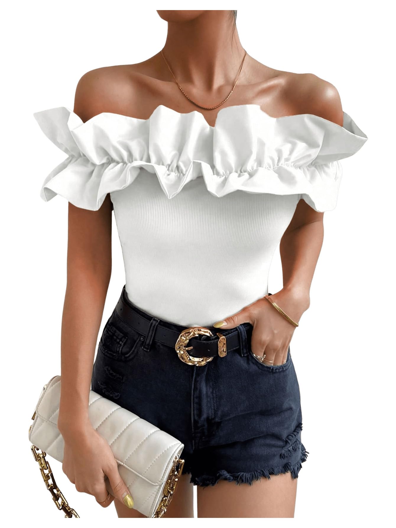 OYOANGLE Women's Ruffle Trim Off Shoulder Short Sleeve Blouse Tops Shirt | Summer, Going Out Date Night Holiday, Party Top, Off The Shoulder, Dressy Formal Top