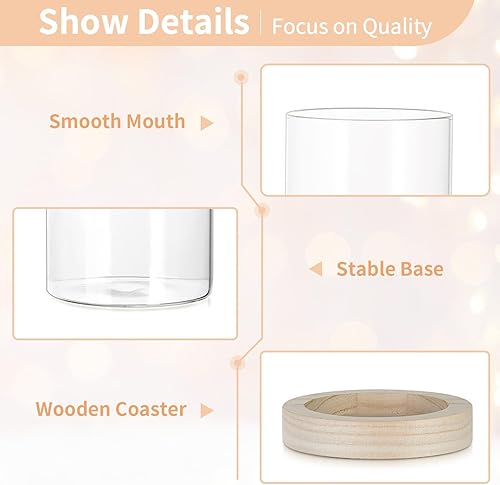 Miniatura 5 de NUPTIO Candelabros de cristal Hurricane juego de 2 jarrones cilíndricos transparentes con base de placa de madera para pilar velas flotantes jarrón