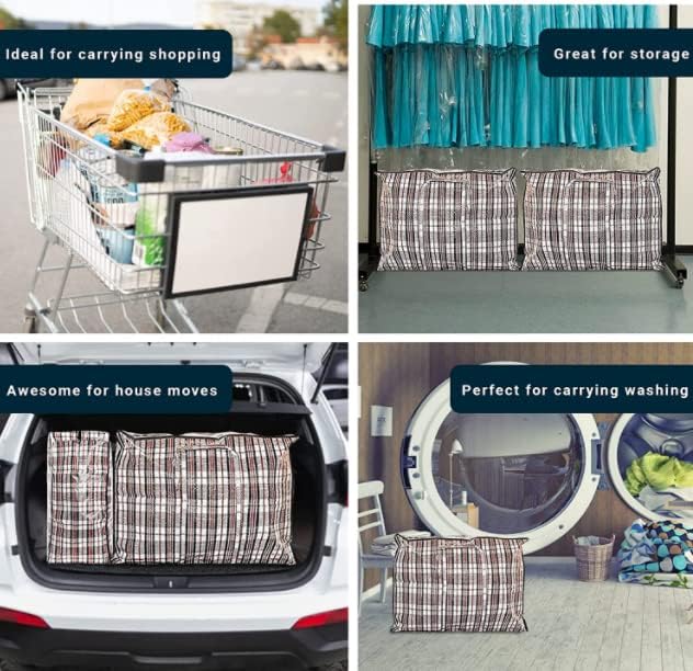 Extra Large Laundry Storage Checkered Shopping Bags 3 Pack, (60 x50 x25 cm) Strong and Durable Waterproof Moving Totes Carrying Bag With Zipper, Cloth Storage Handle Attached Reusable Luggage Bags