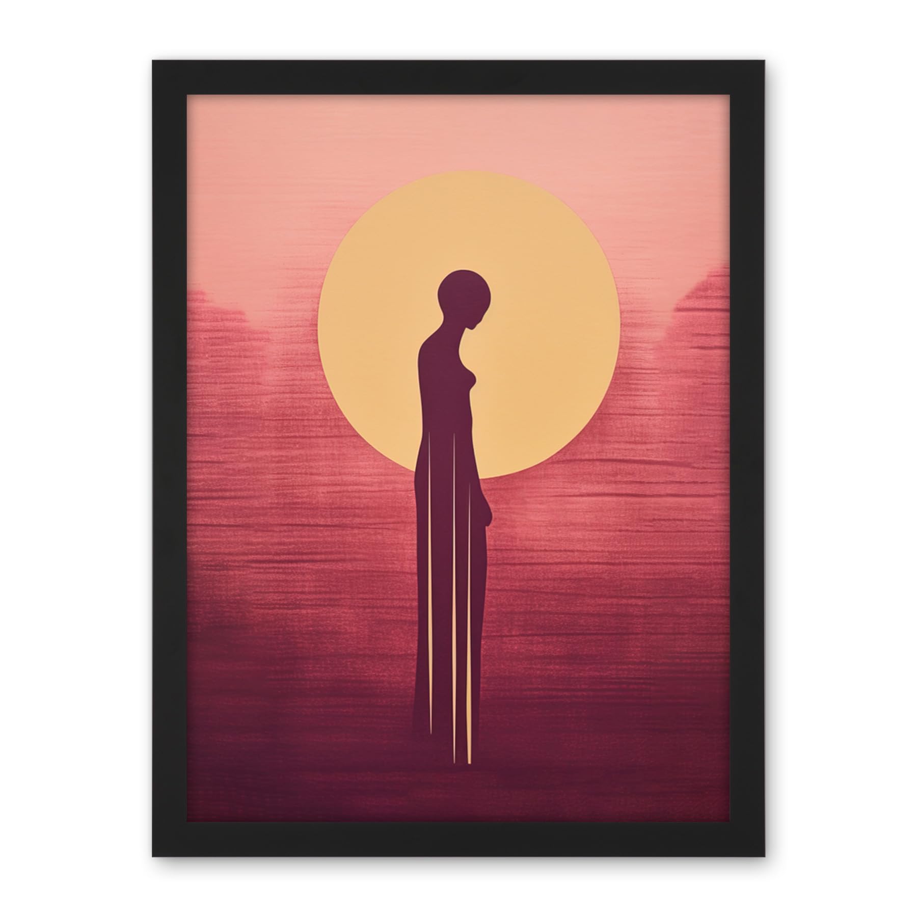 Artery8 Sunrise Solitude Minimalist Artwork Plum Pink Gold African Woman Silhouette in Golden Sun Halo Artwork Framed Wall Art Print 18X24 Inch