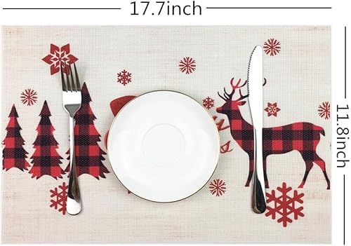 Miniatura 2 de WAZAIGUR Manteles individuales para cocina/mesa de comedor, manteles individuales de Navidad, copos de nieve, renos, árboles de Navidad, lavables,