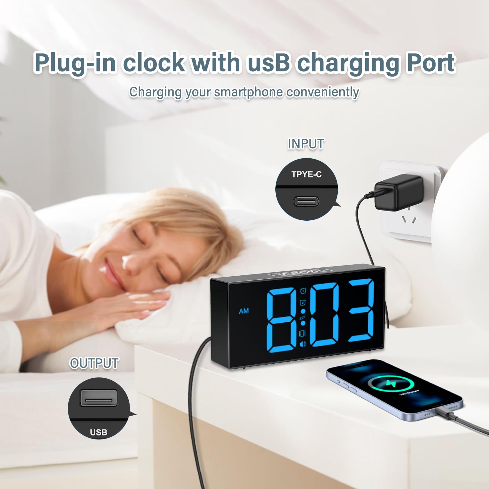 Sveglia da Comodino con Vibrazione Orologio Sveglia Digitale da Comodino Digitale da Comodino Per Non Udenti, Con Problemi Di Udito, Che Dormono Pesantemente, Snooze, Doppio Allarme, Porta Usb