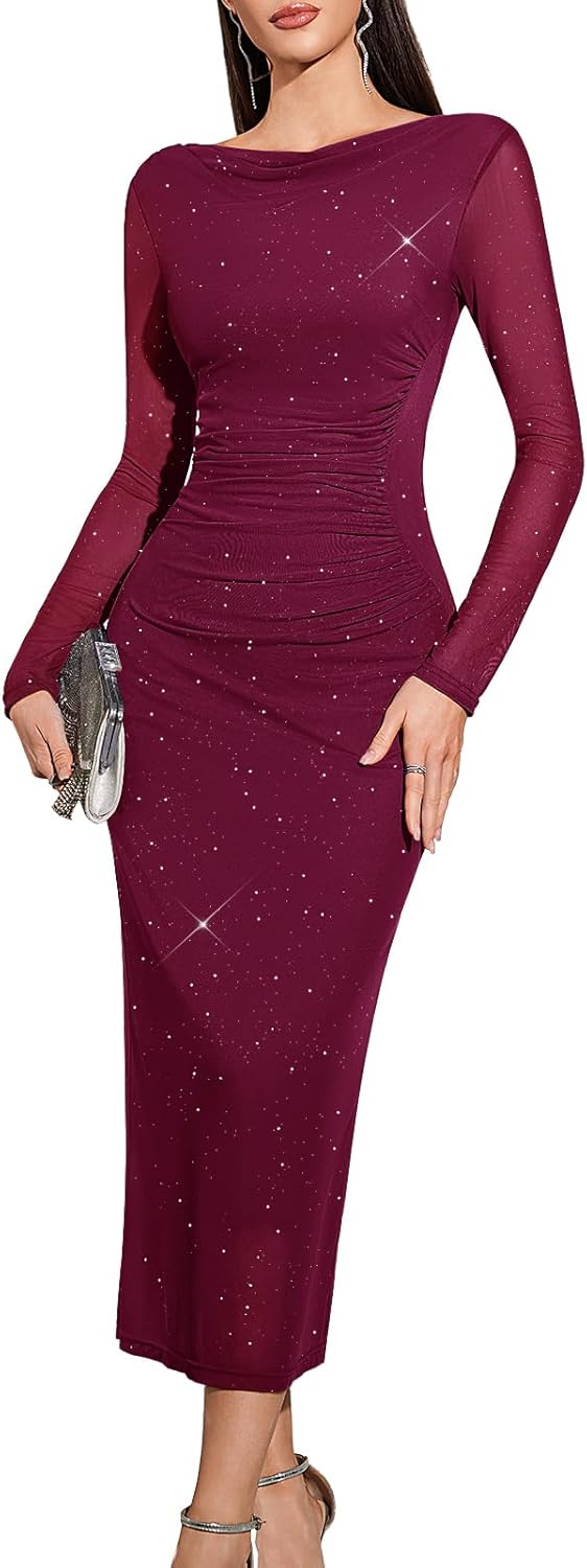 HomRain Women's Sparkly Mesh Maxi Summer Dress Long Sleeve Bodycon Dresses for Wedding Guest Outfit