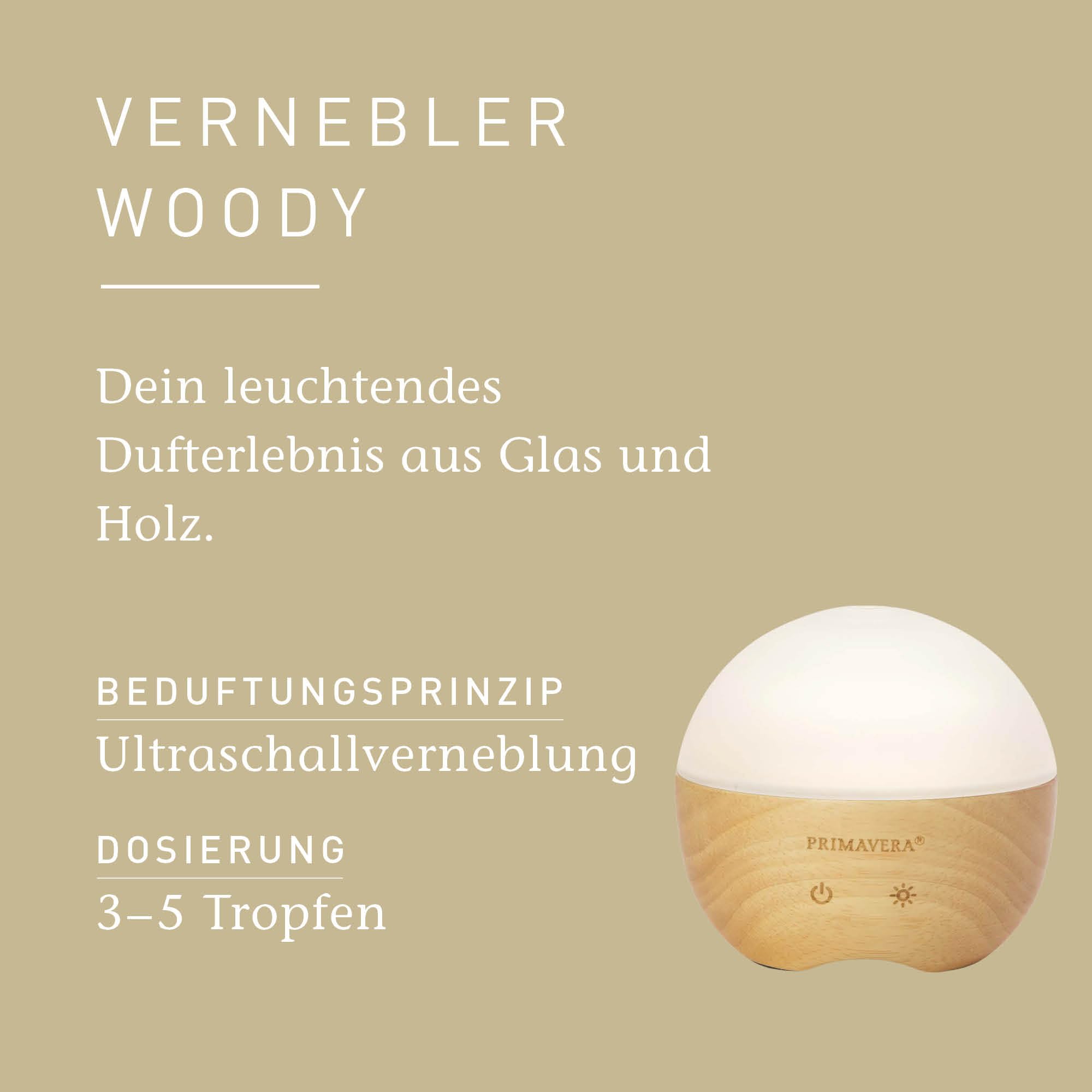 PRIMAVERA Aroma Vernebler Woody – elektrische Duftlampe, Diffuser, Raumduft – Aromatherapie – 4 Betriebsmodi im Dauer- und Intervallbetrieb