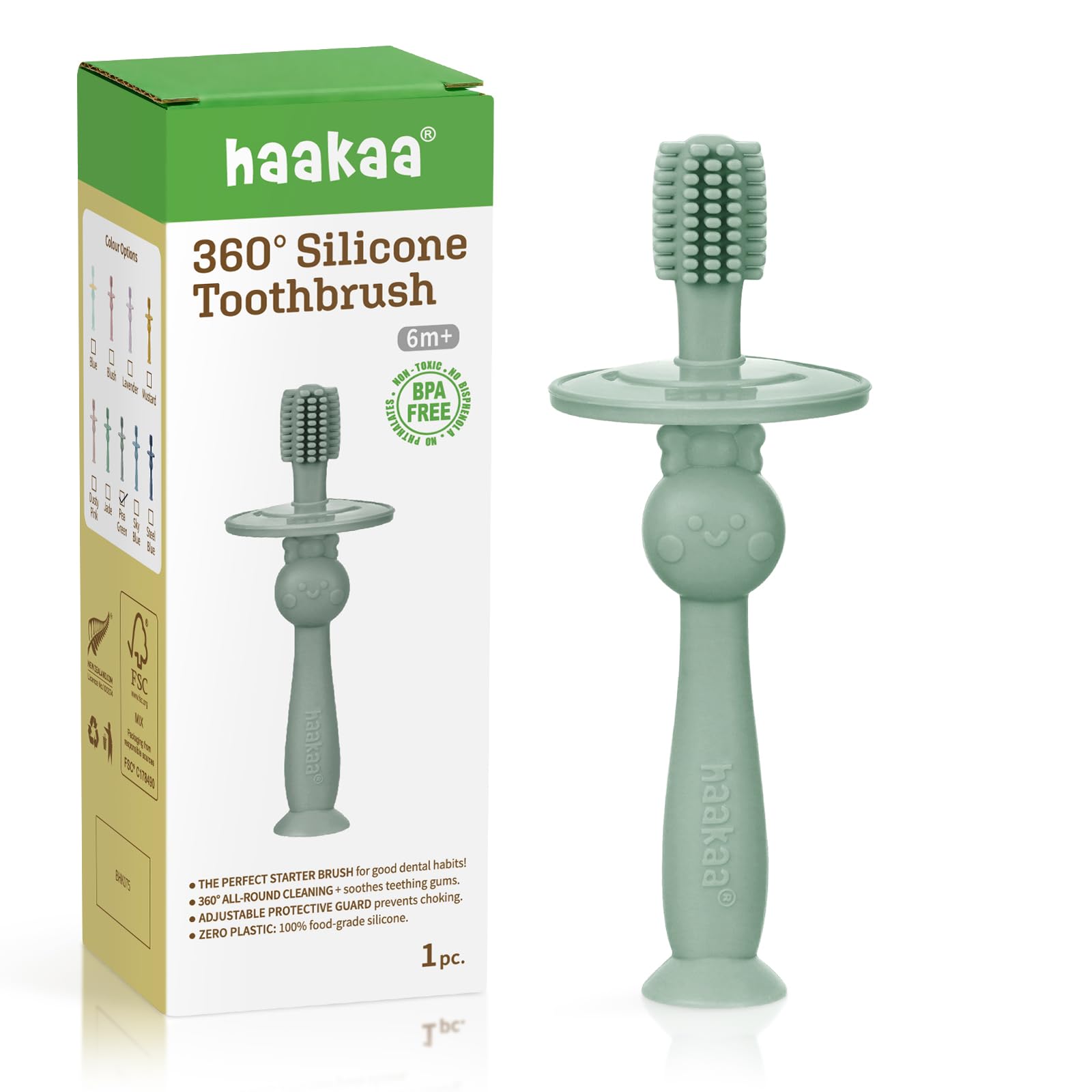 haakaa 360° Baby Toothbrush with Suction Base - Gentle Cleaning for Infant Self-Brushing Training, Food-Grade Silicone, Adjustable Safety Shield - Pea Green (1 Piece)-image-23