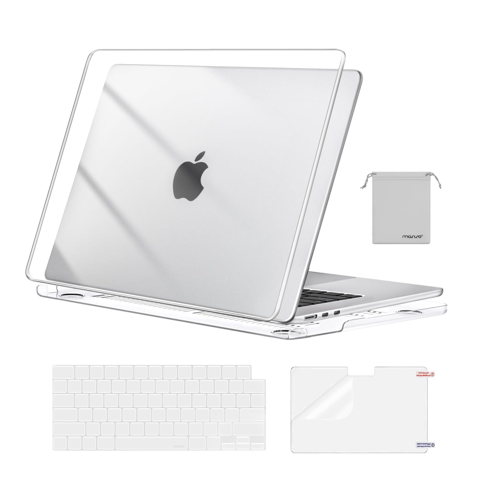 MOSISO Compatible with MacBook Air 15 inch Case M4 M3 M2 2025 2024 2023 Release A3241 A3114 A2941 with Touch ID, Plastic Hard Shell Case&Keyboard Cover&Screen Protector&Storage Bag, Crystal Clear