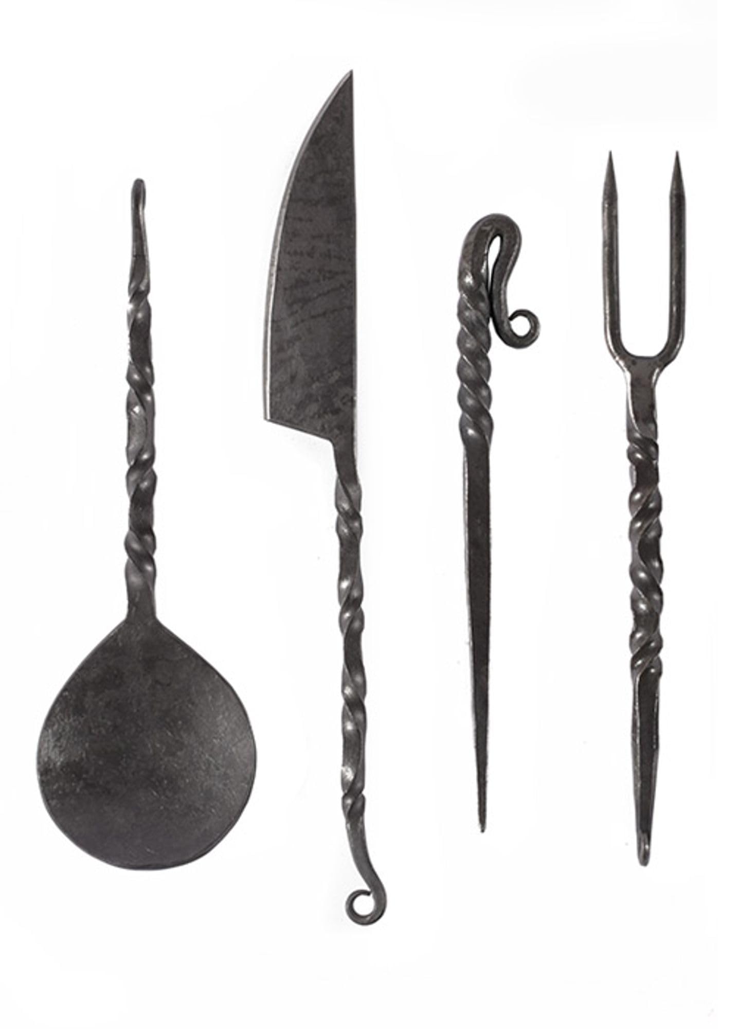 Cubiertos medievales forjados a mano de 4 piezas, con funda de piel: cuchillo, tenedor, cuchara y punzón para comer medieval / vikingo - varios tipos de mangos (con mangos de madera)