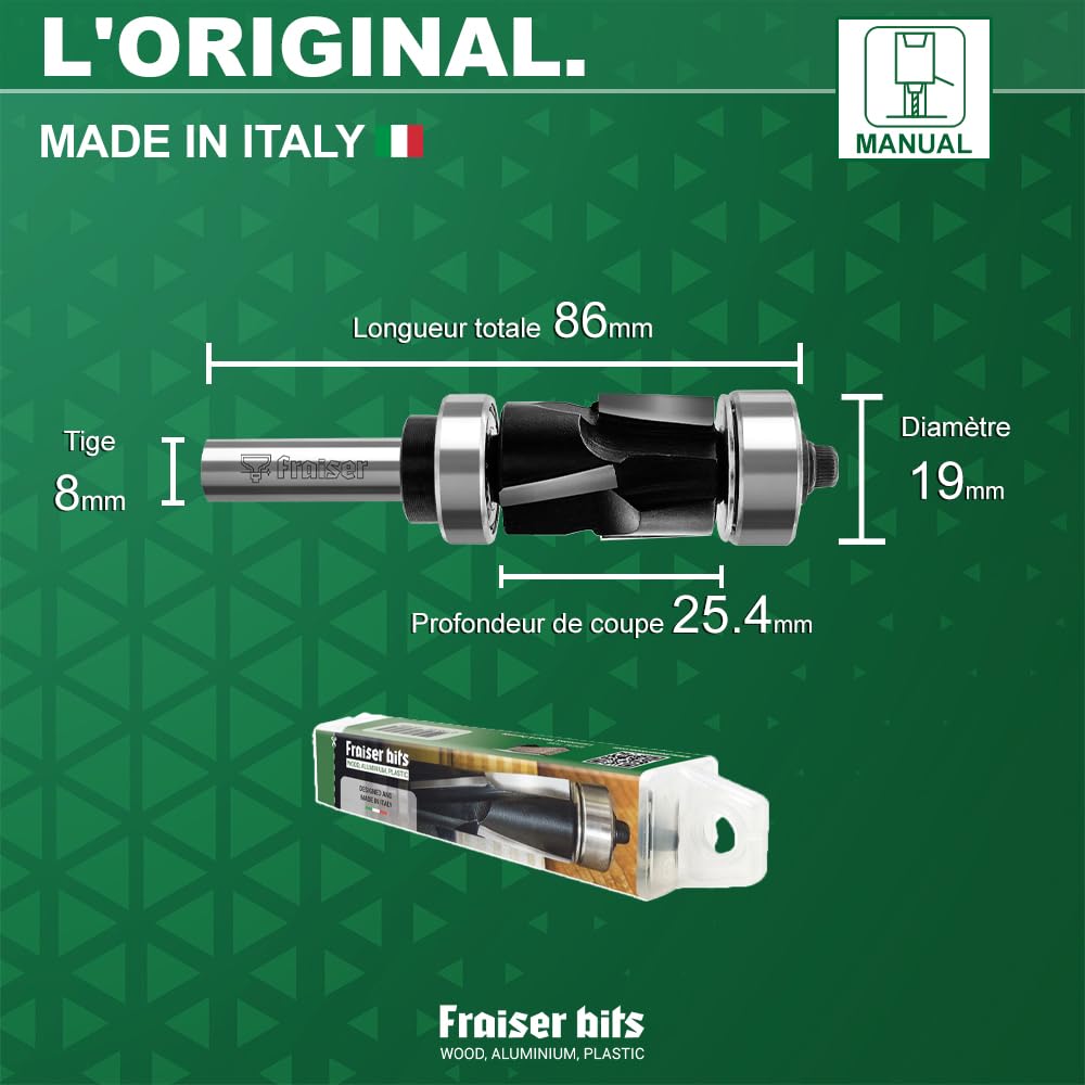 Fraiser® Fraise à affleurer avec support supérieur de 8 mm pour bois, bords dérivés et stratifiés pour défonceuse manuelle et table de défonceuse up & downcut (L : 86-H : 24,8-S:8-)