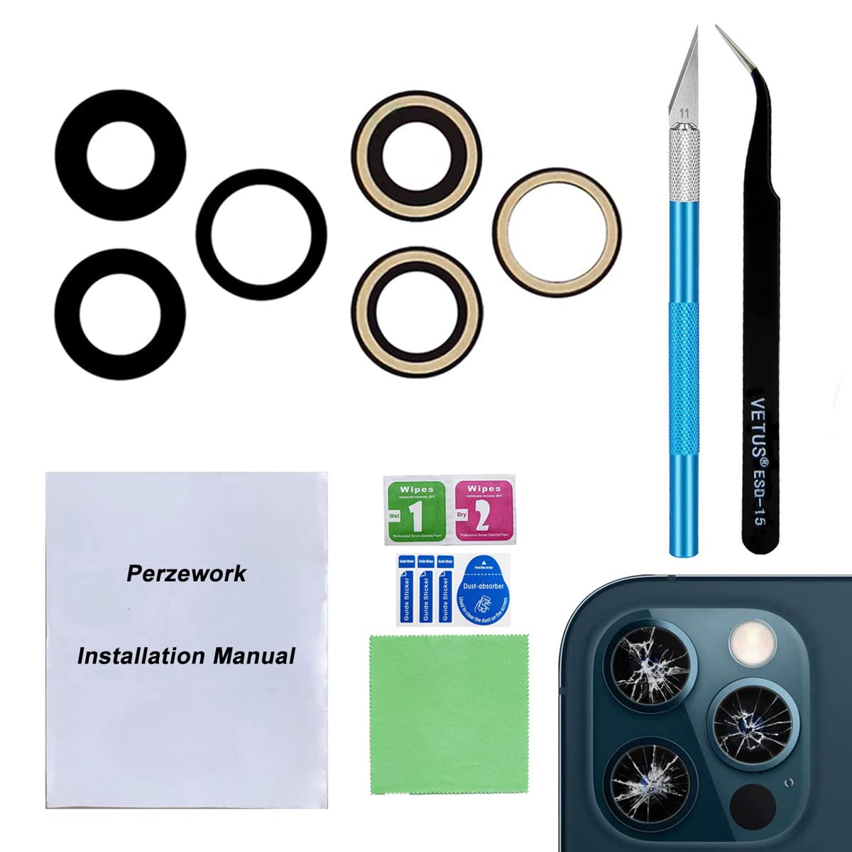 OEM Back Rear Camera Saphire Glass Lens Replacement for iPhone 12 Pro Max with pre-Installed Adhesive and Reparing Toolkit