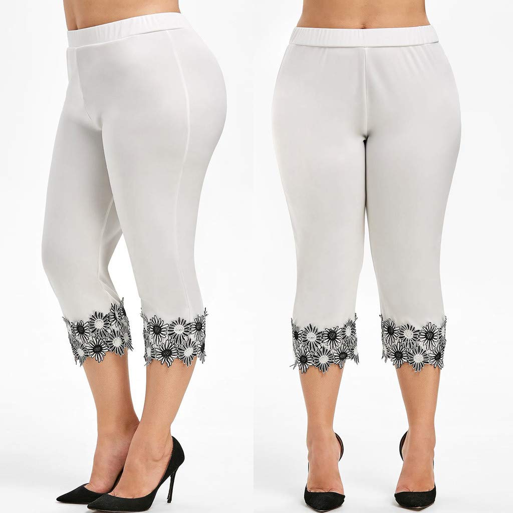 Women's Capri Pants Plus Size Workout Capri Leggings Stretchy Yoga Running Athletic Tights Solid Guipure Lace Trim White