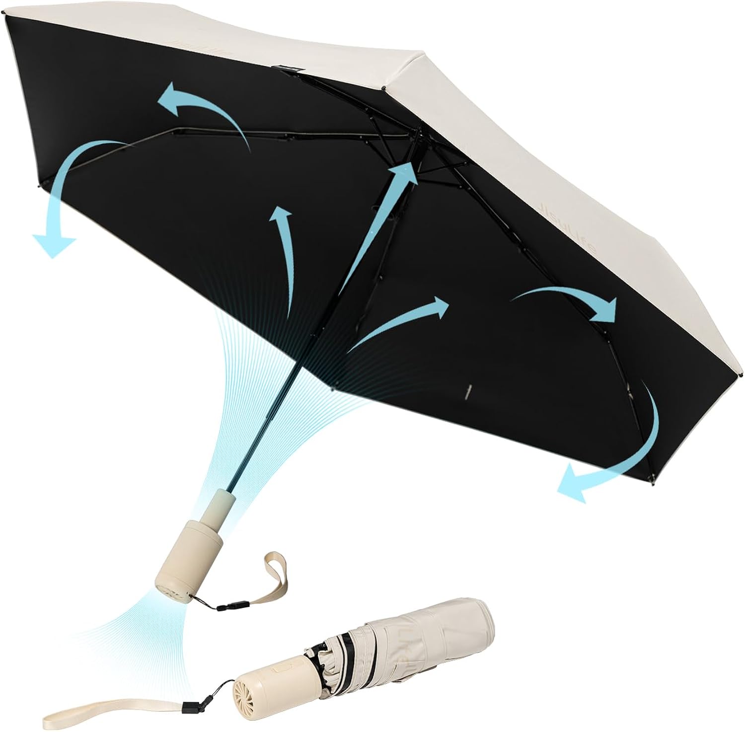 JISULIFE 2 IN 1 Umbrella with Fan, UPF 50+ Travel Umbrella