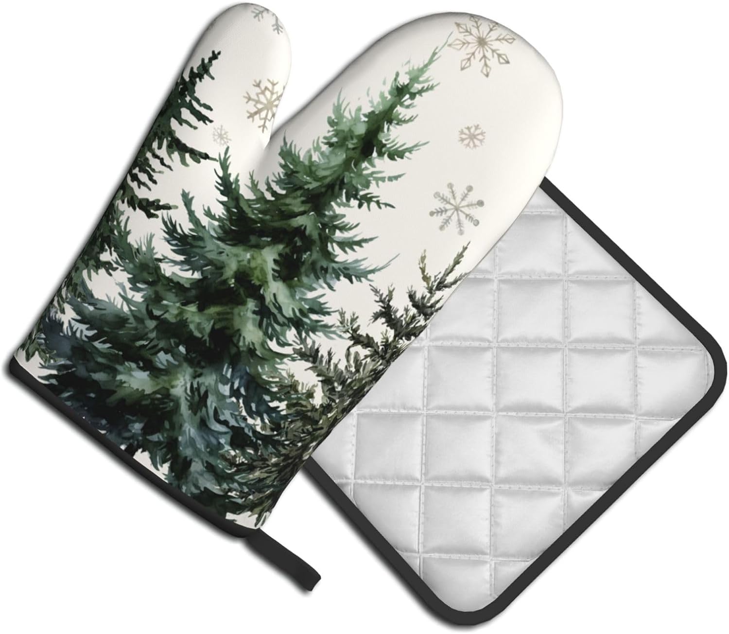 Winter Green Tree Snowflake Oven Mitts and Pot Holders Sets Heat Resistant Non Slip Xmas/Christmas Tree Snow Kitchen Gloves Hot Pads Potholders 2 Pack Set Holiday Decor for Chef Cooking Bakers Kitchen - Image 2