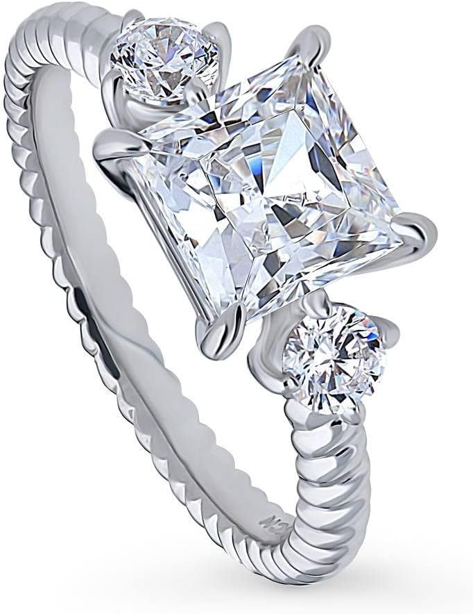 BERRICLE Sterling Silver 3-Stone Wedding Engagement Rings 2 Carat Princess Cut Cubic Zirconia CZ Woven Ring for Women, Rhodium Plated Size 4-10