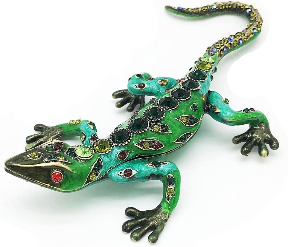 Waltz&F Diamond Green Lizardhinged Trinket Box Bejeweled Hand Painted Ring Holder Animal Figurine Collectible