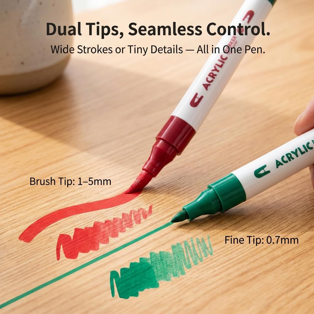 deli Dual Tip Acrylic Paint Markers, 48 Colors, Quick Dry Water-Based Paint Pens with 3mm Hard Tip & 0.5-5mm Flexible Brush Tip for Wood, Rock, Canvas, Plastic & Craft Projects