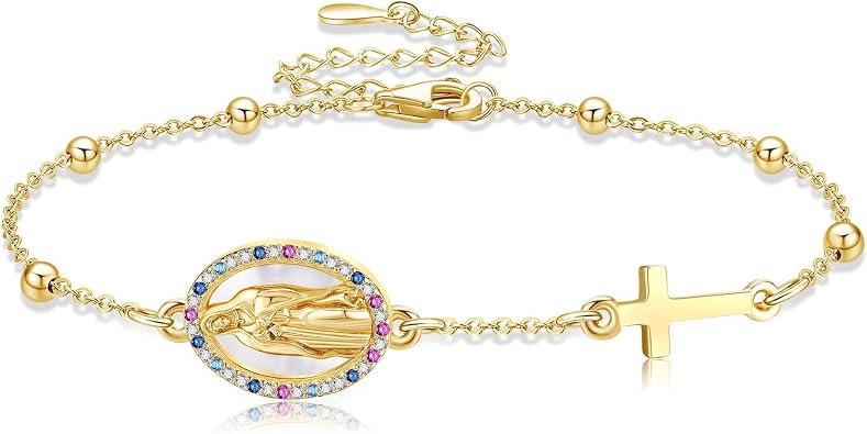 Virgin Mary Bracelet Sterling Silver Rosary Bead Cross Pendant Bracelet Virgen De Guadalupe Christian Jewelry Gifts for Women
