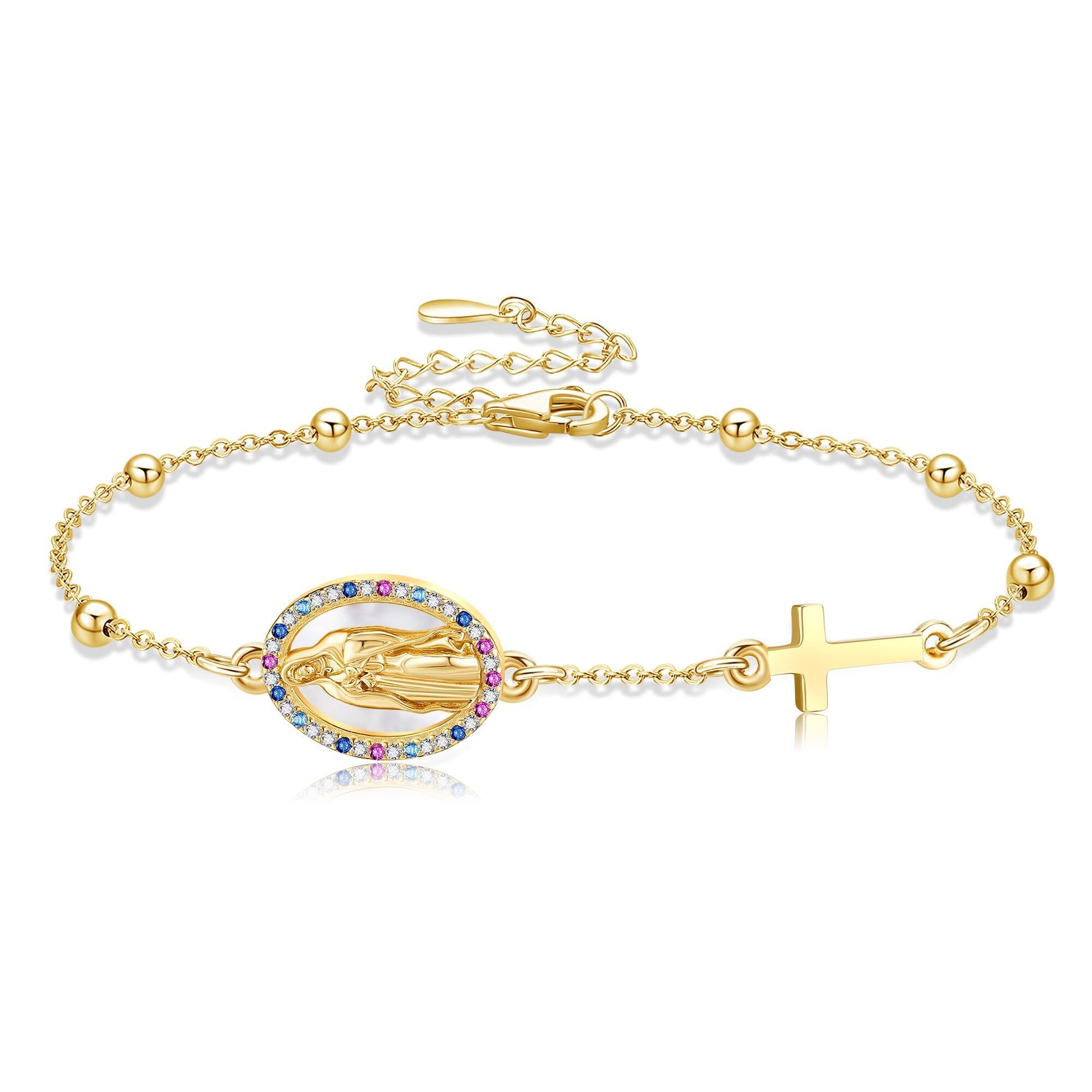 URONE Armband mit der Jungfrau Maria aus Sterlingsilber Rosenkranzperlen Kreuzanhänger Armband „Virgen de Guadalupe“ Christlicher Schmuck Geschenke für Damen