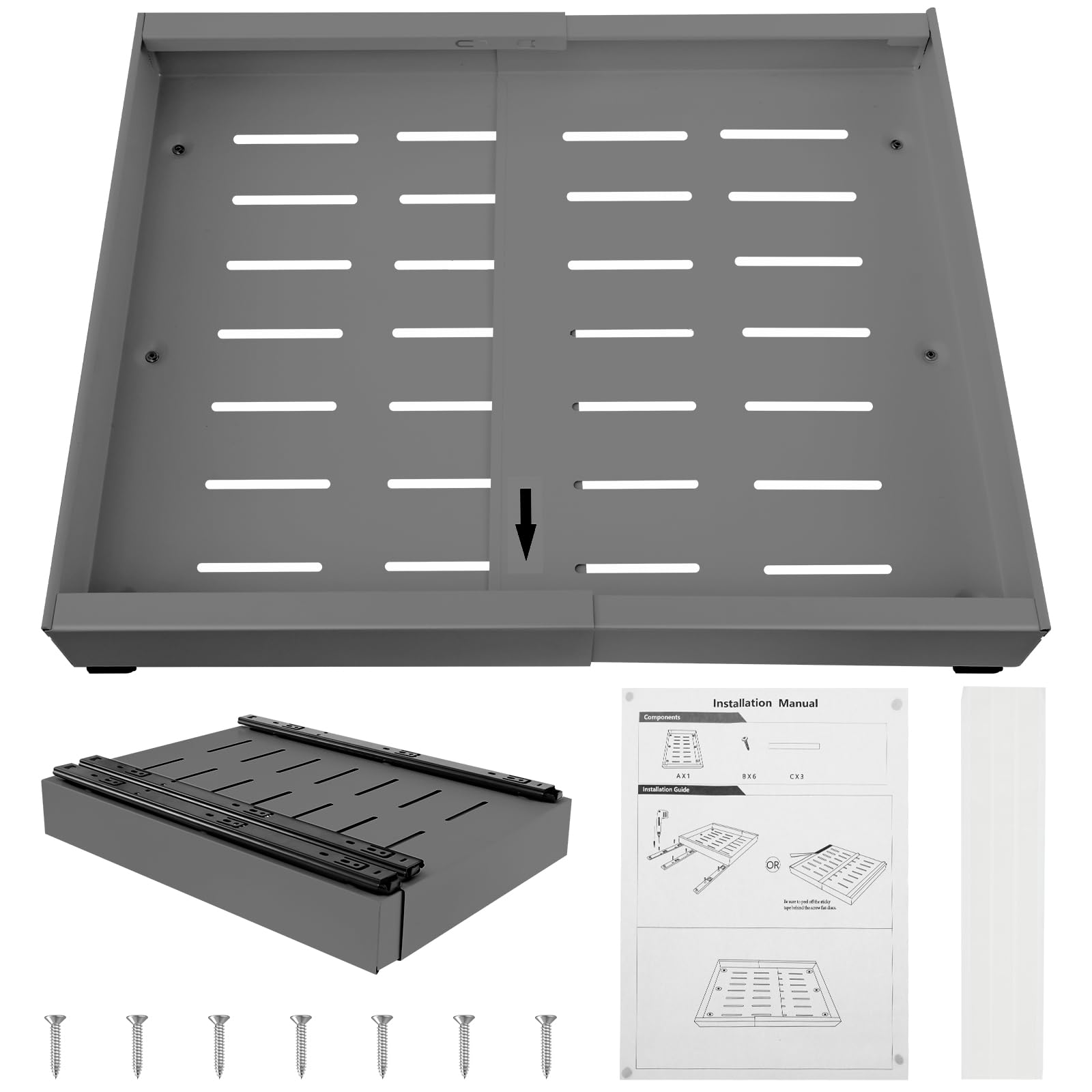 adhesive pull out cabinet organizer, expandable shelves no drilling, quiet sliding drawer with adjustable width 12.6"-20.5" for kitchen (grey)