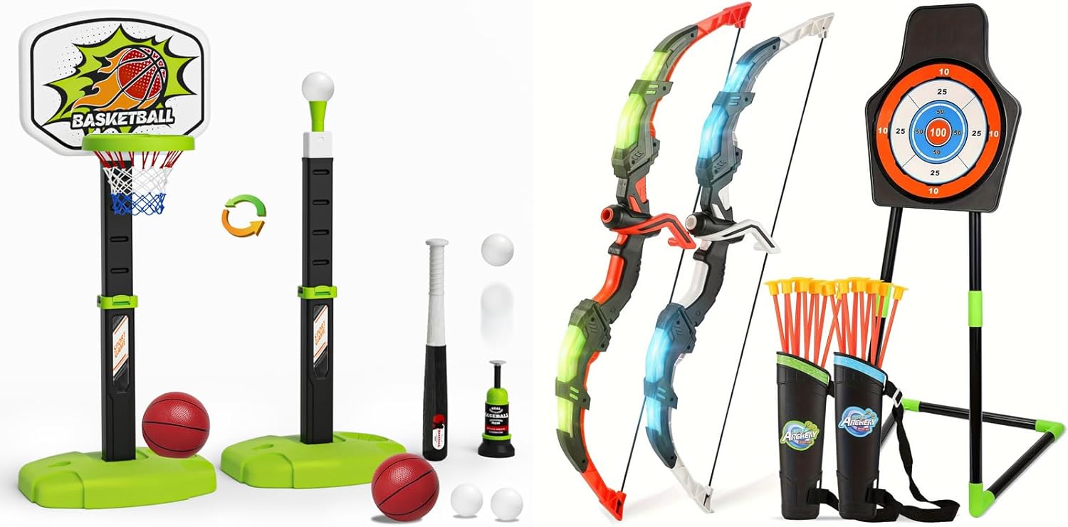 Handwell Boy Toys Bow and Arrow Set & Toddler Basketball Hoop for Kids 2-Pack LED Light Up Archery Set with 20 Suction Cup Arrows Kids Baseball Tee with Automatic Pitching Machine Indoor Outdoor Toys
