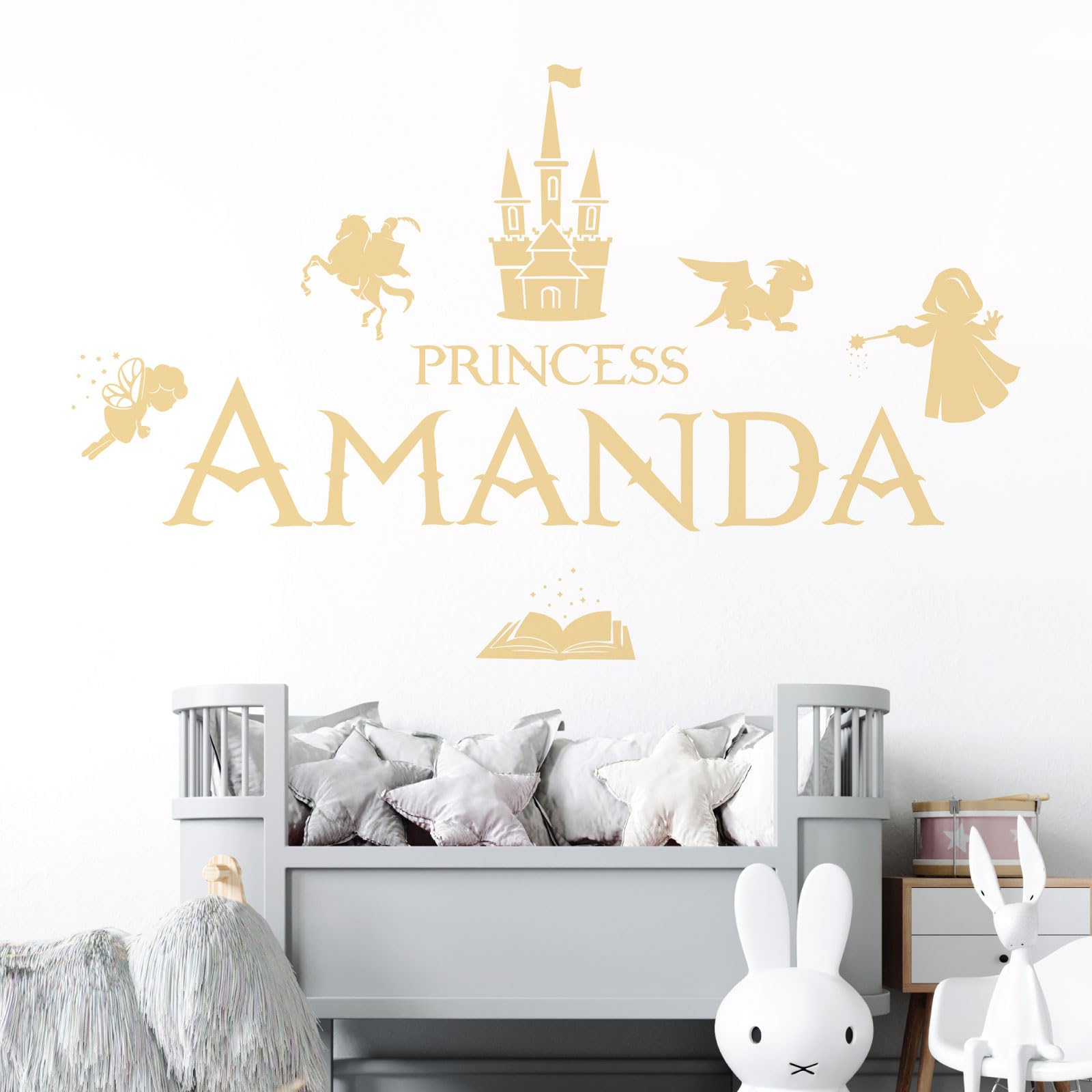 Personalised Name Girls Wall Art Sticker - Princess Castle Dragon Knight Magic Tale Wizard [Large] [Cream]