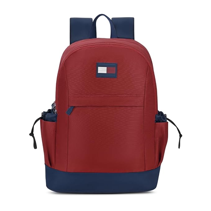 Tommy Hilfiger Professional School Backpack Stud - Burgundy+Navy | Durable Water-Resistant Bag for Teens with Signature Metal Logo | 3 Compartments | Integrated Rain Cover | 30L Capacity