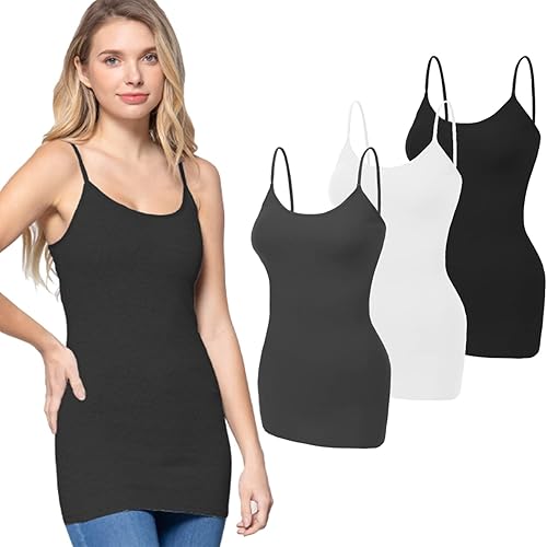 Women's Long Camisole Tank Top Basic Long Length Adjustable Spaghetti Strap Solid Cotton Camisoles Cami Tank Top