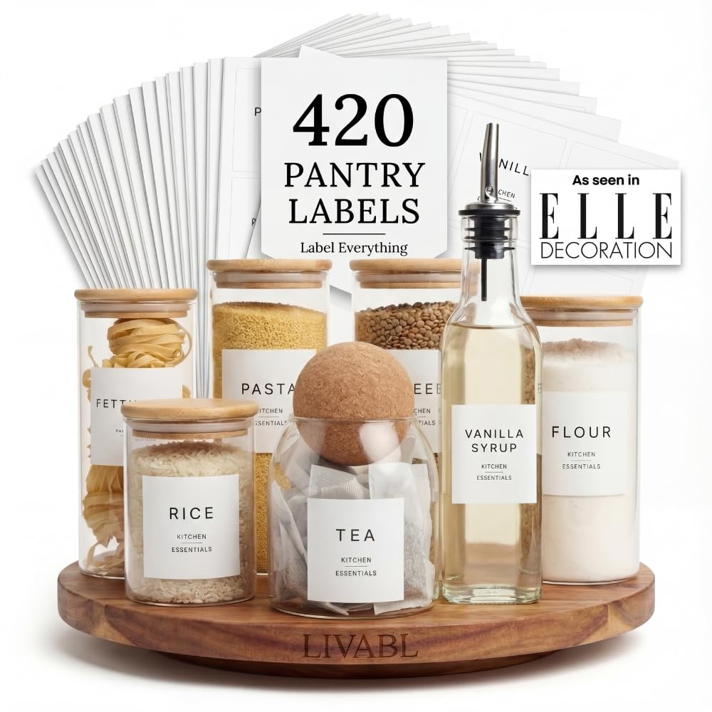 420 UK Designed Pantry Labels for Jars - Stylish Minimalist Food White Labels Stickers for Jars | Kitchen Organisation - Durable Design for Long-Lasting Use | Includes Tea Coffee Sugar