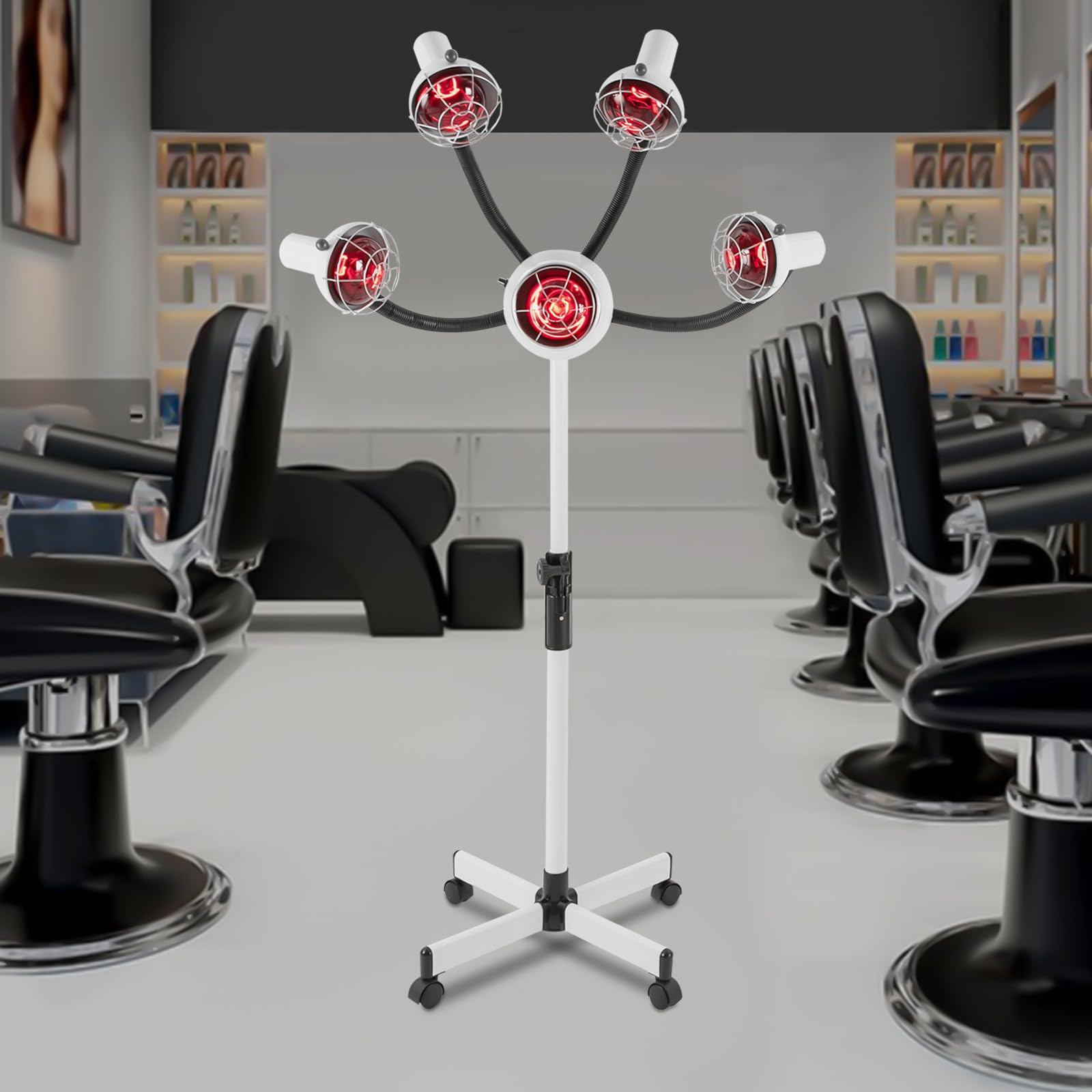 Lampada a luce rossa con 5 lampade a infrarossi, 750 W, regolazione in altezza, 4 rotoli, per parrucchieri, extension per capelli, colore bianco