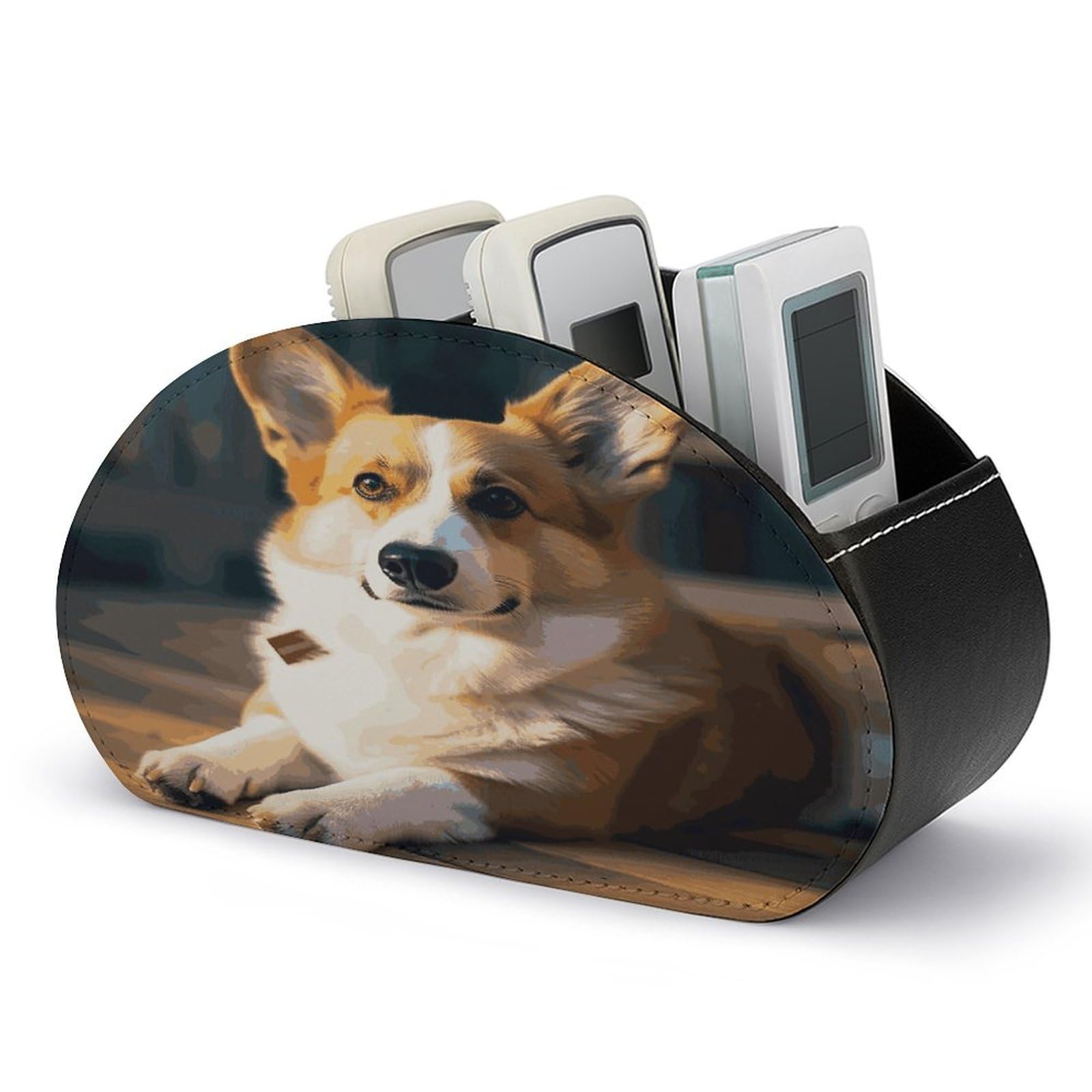 JTREHY Smart Corgi Remote Control Stand with 5 Compartments PU Leather TV Tray Bedside Storage Box Desk Storage Organizer