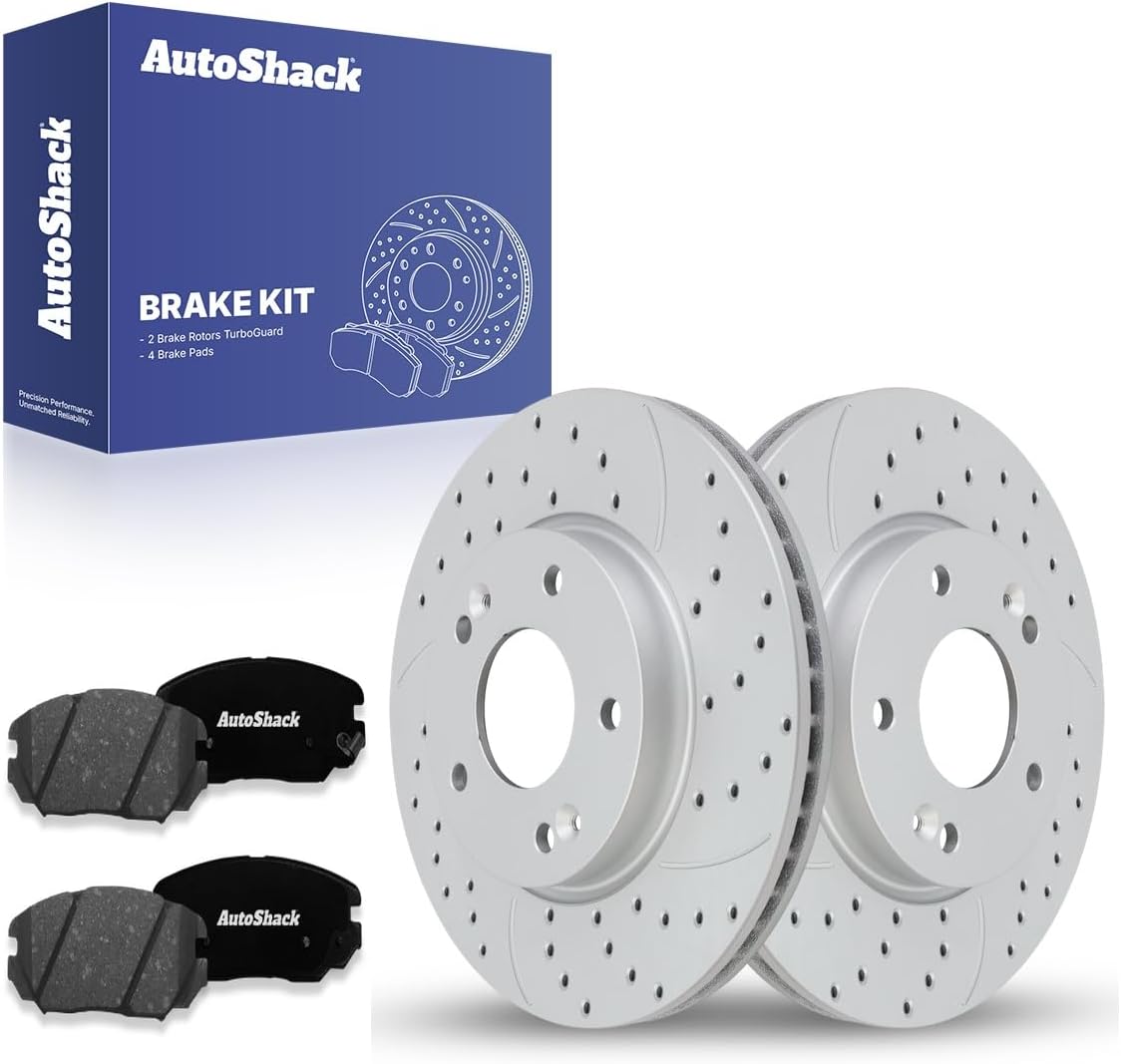 AutoShack Front Vented Drilled & Slotted Coated Brake Rotors Silver Matte Finish + Premium Ceramic Pads 6-PC Brake Kit Replacement for 2006-2010 Hyundai Sonata TurboGuard 11.81" (300 mm)