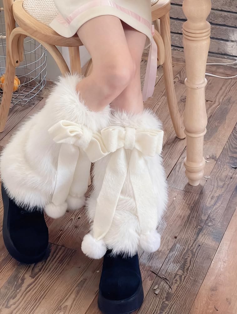 Kawaii Getry dla Kobiet i Dziewcząt Y2K Urocze Kokardki i Pompony Futrzane Skarpetki na Buty Białe Puszyste Getry