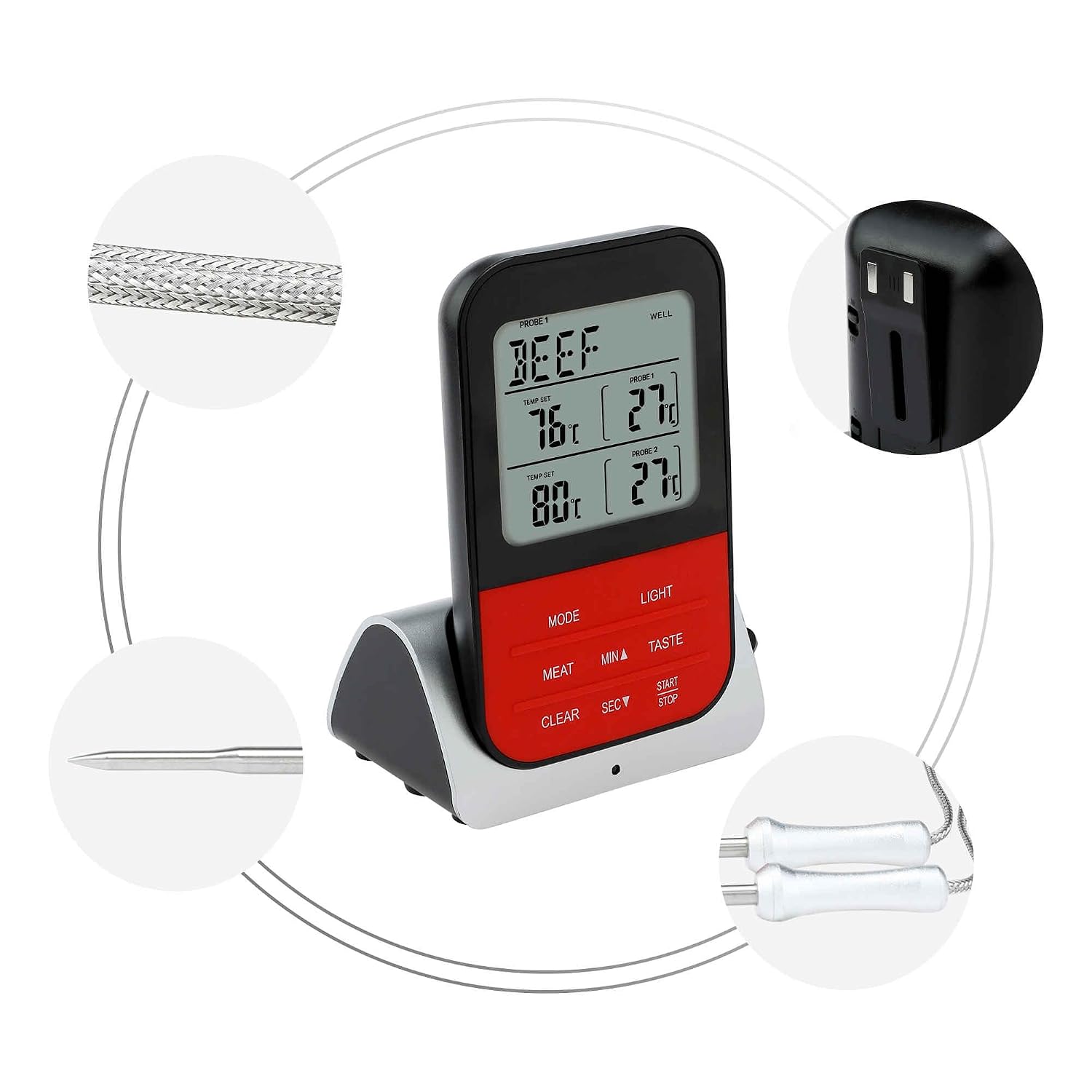 Digital Meat Thermometer with 2 Temperature Probes, Food Thermometer with Colored LCD for Kitchen 4.5x2.9x1.7 inch Silver Handle Probe