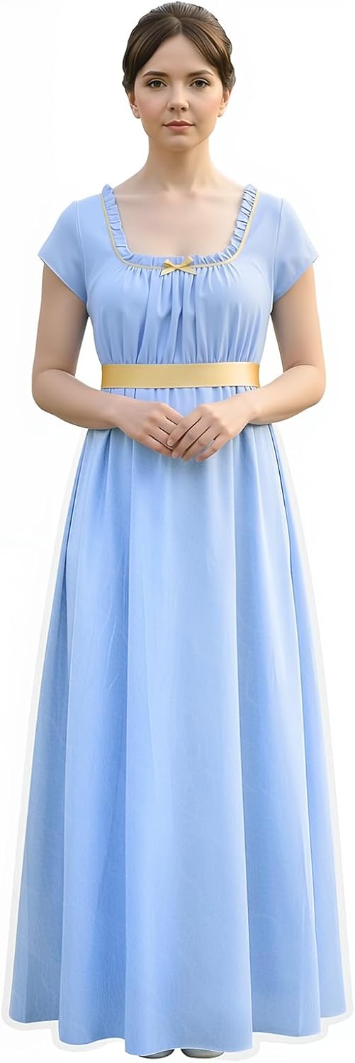 Regency Dresses for Women with Satin Sash Cap Sleeve Lace Cover Empire Waist Victorian Tea Party Gown