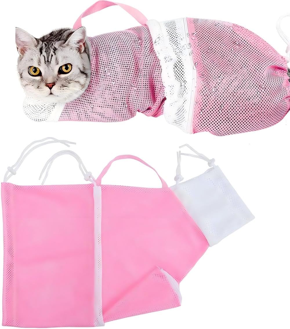 AESZITTEW Cat Bathing Grooming Bag, Adjustable Dog Cleaning Mesh Bag Pet Shower Net Bag, Anti-Bite Scratch Restraint Bag For Nail Trimming (#1)