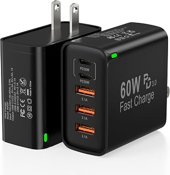 2Pack USB C Fast Charger Block, Total 60W 5-Port USB C Wall Charger 30W | Type C Charging Block,2USB C+3USB A PD3.0,Multiport Charging Cube for i Phone 17 16 15 14 Pro Max,G-alaxy S26 S25 Ultra,i Pad