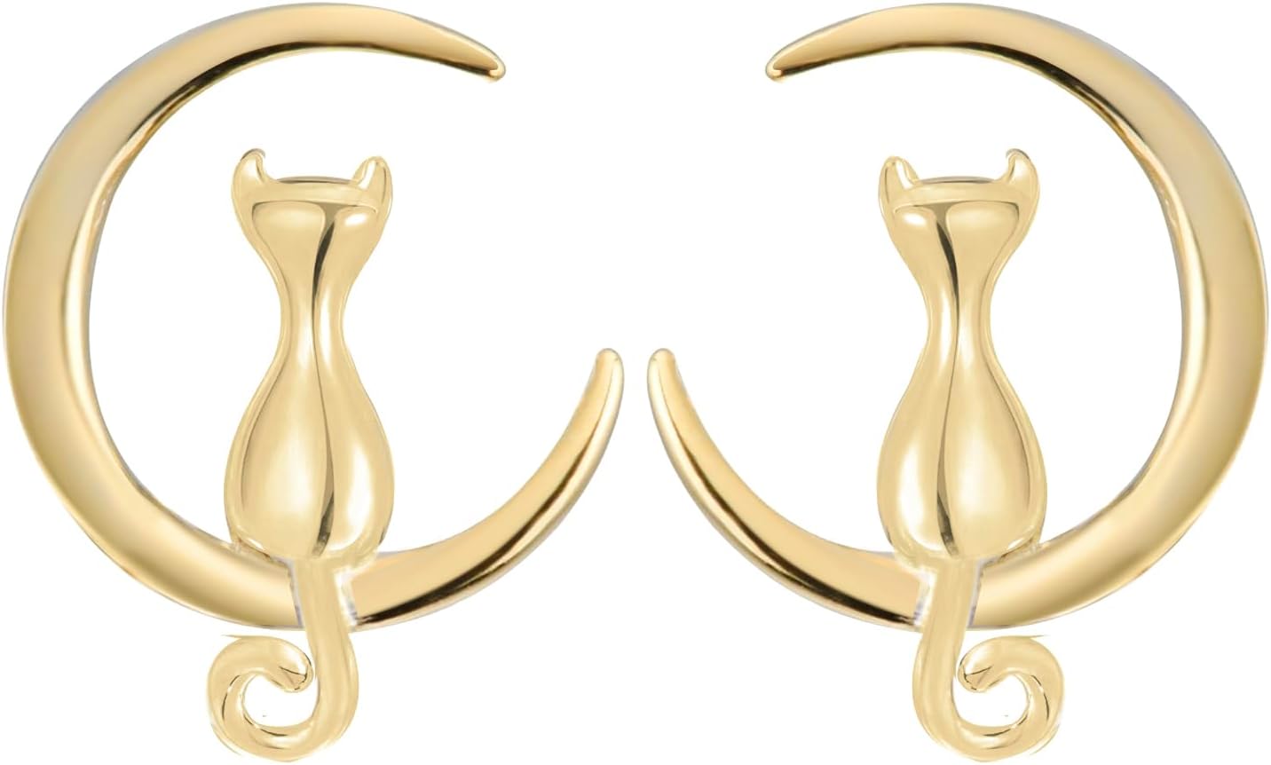 S.Leaf 18Karat Plated Cat Earrings for Women 925 Sterling Silver Hypoallergenic Cat Moon Stuff Lovers Jewelry for Women Trendy Birthday Friendship Anniversary Best Gifts for Women Her Party