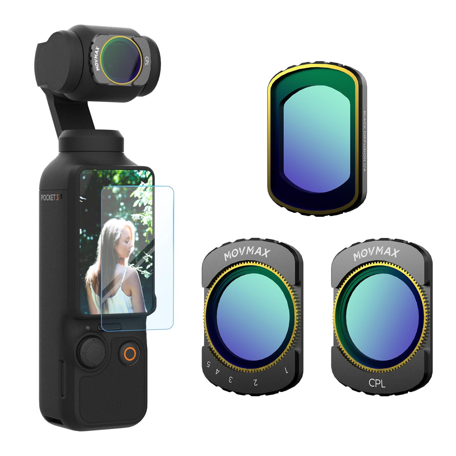 MOVMAX Magnetic Filter Kit Comptible with DJI Osmo Pocket 3 Creator Combo Accessories,3 Pack Variable ND2-32 & CPL,Black Diffusion 1/4 Effect Filter