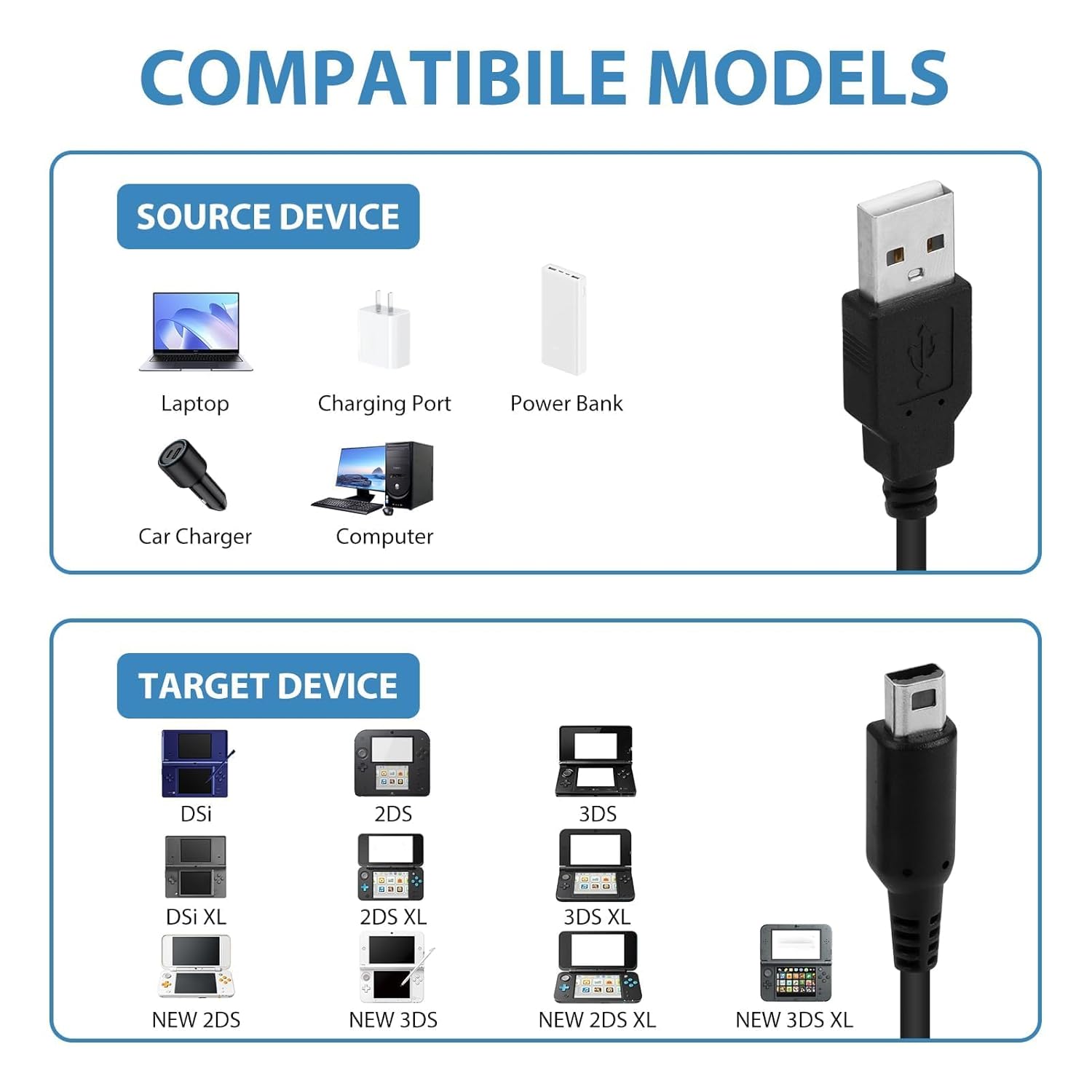 USB Charger Cable Compatible with Nintendo 3DS, New 3DS, 3DS XL, 2DS, New 2DS XL, New 2DS, 2DS XL, DSi/DSi XL