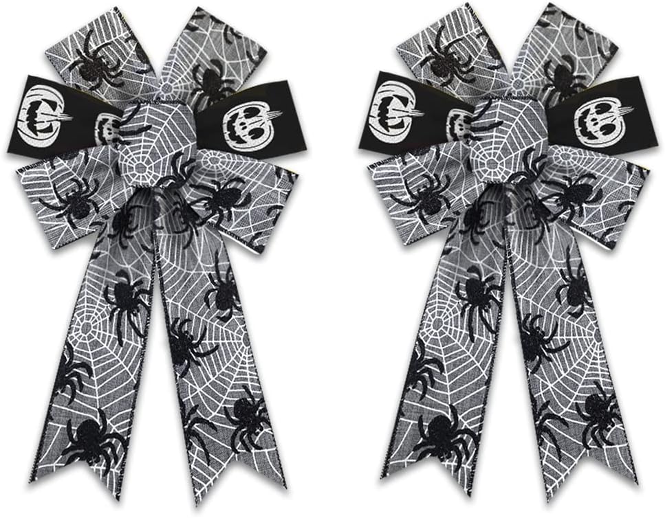 ABTOLS 2PCS Halloween Wreath Bows, Spider Web Bows for Door, Black & Orange, Polyester, Farmhouse Style