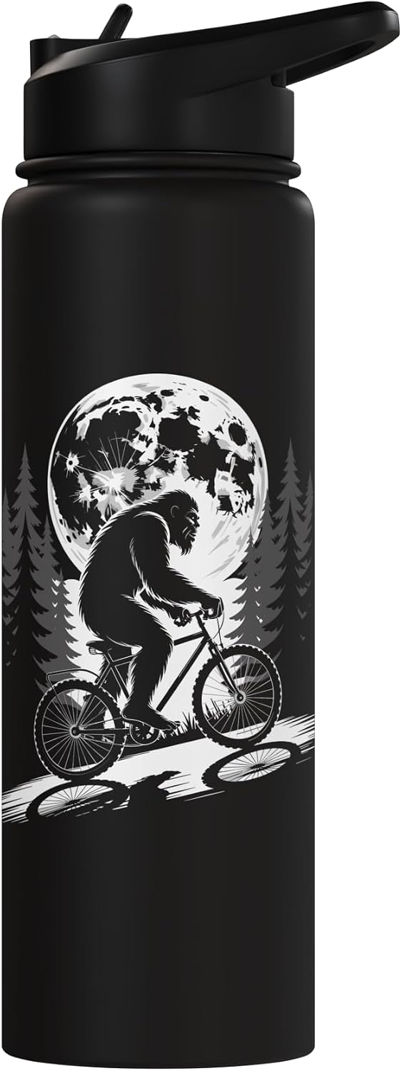 Funny Bigfoot Bike Rider Sasquatch Cycling Full Moon Bicycle Stainless Steel Insulated Water Bottle
