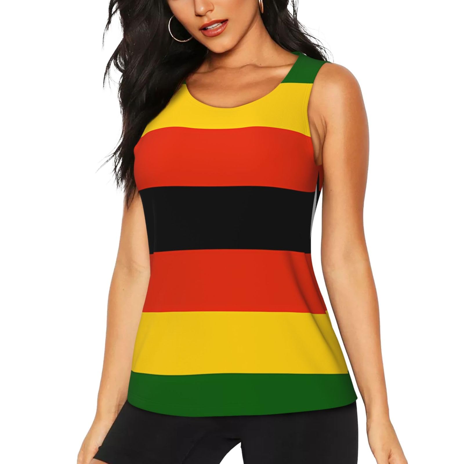Women's Quick-Dry Athletic Tank Top,Flag of Zimbabwe Print Gym Shirt for Running,Yoga,Training Workout Top, Black, S