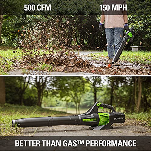 Image of Greenworks 80V Electric Leaf Blower, 500 CFM, 2.0 Ah Battery and Charger