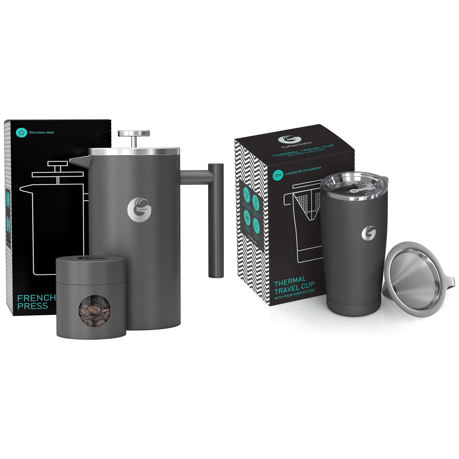 Coffee GatorFrench Press Coffee Maker 34oz, and Coffee Travel Mug - 20 oz Stainless-Steel