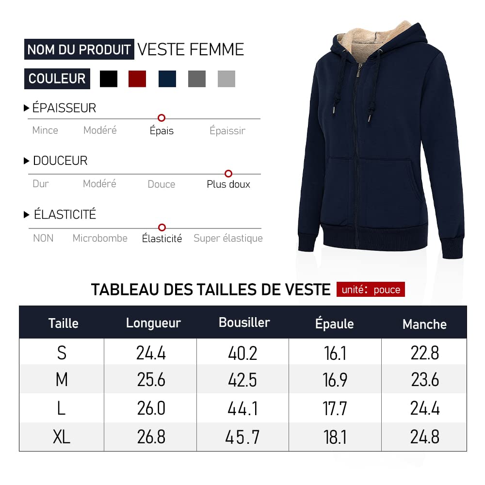 LBL Veste Polaire Femme Chaud Doublure Polaire Zippée à Capuche Sweat-Shirt Manches Longues pour Hiver