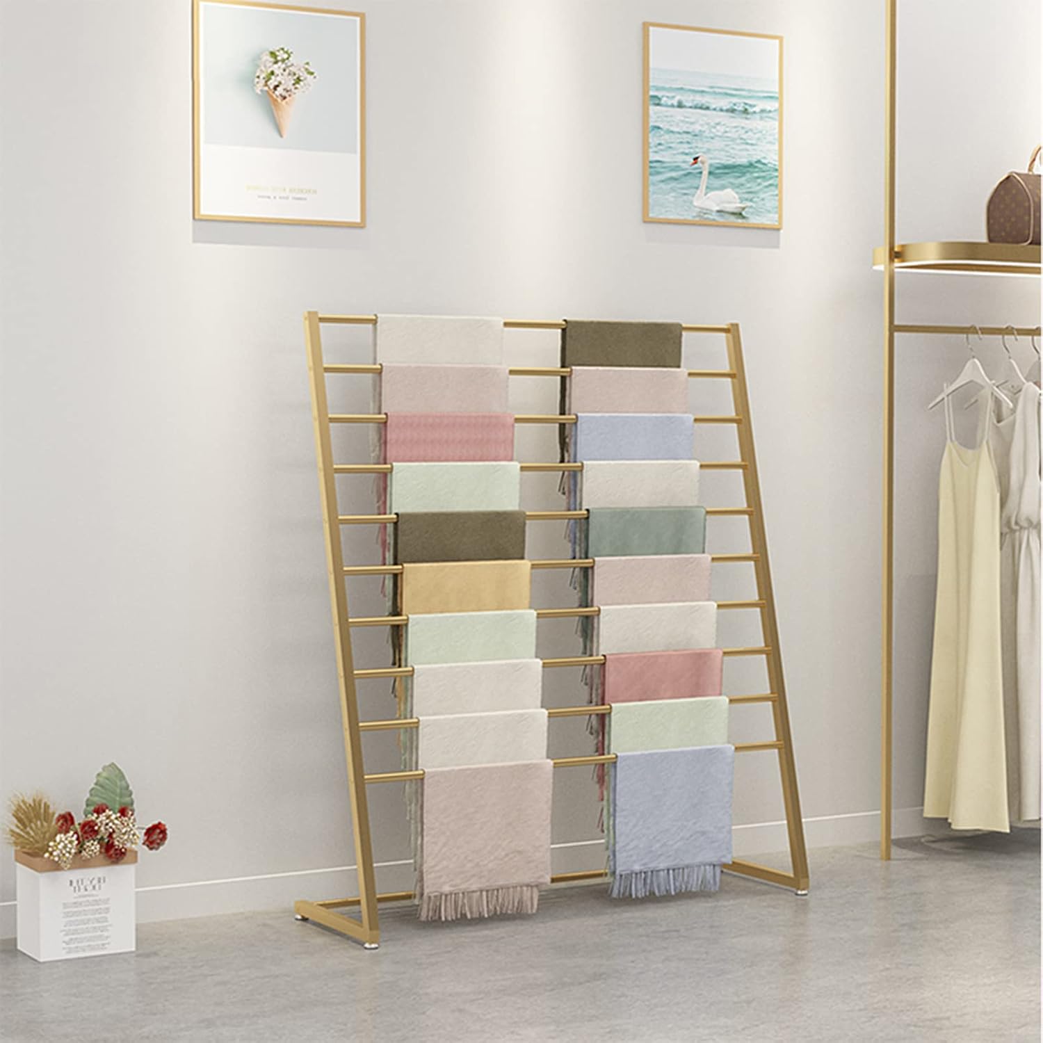 Scarf Holder Organizer,Scarf and Belt Hanger,Standing Towel Rack,Hanging Scarf Organizer,for Dishtowels/Scarf/Hijab/Shawls,Gold,100 * 40 * 145Cm